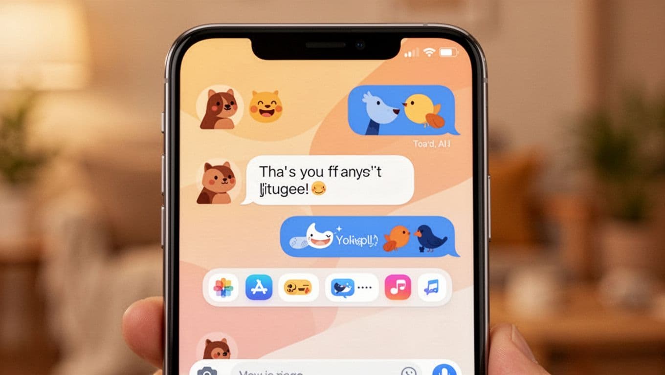 Close-up of a smartphone screen showing friendly chat bubbles in a messaging conversation with quick reply buttons, using abstract shapes, warm color palette, soft gradients, and flat design style on a cozy blurred background.