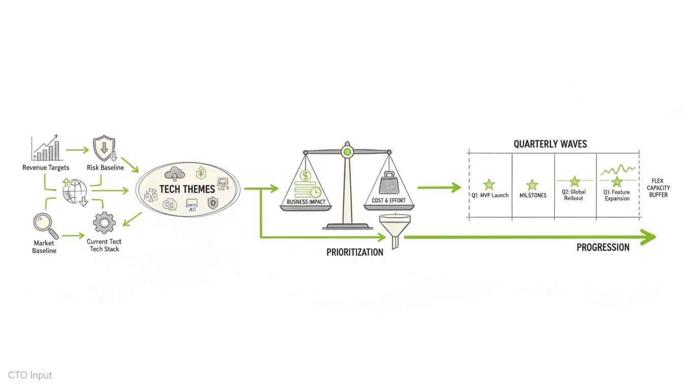 Three-phase sketch of a 12-month technology roadmap: align goals, prioritize projects, and build a quarterly timeline with flex capacity. Minimalist editorial illustration. Image created with AI.