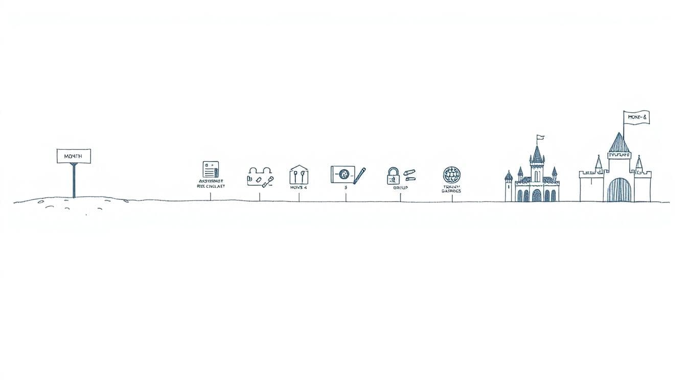 Minimalist line art of a 6-month security program timeline road leading to a secure fortress