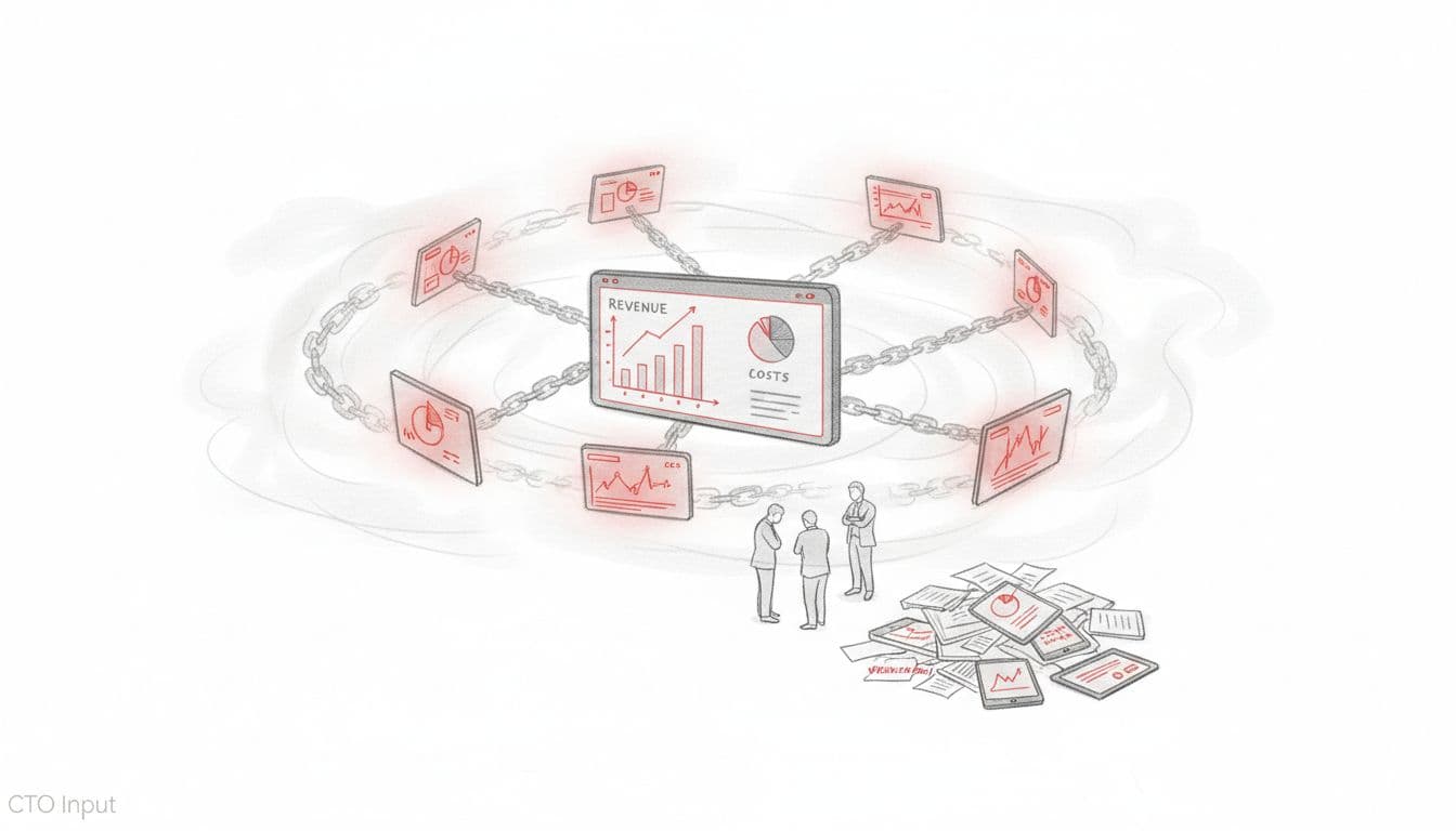 Minimalist illustration of AI projects stuck circling around a flat business dashboard while frustrated executives watch, symbolizing AI pilot purgatory. Image created with AI.