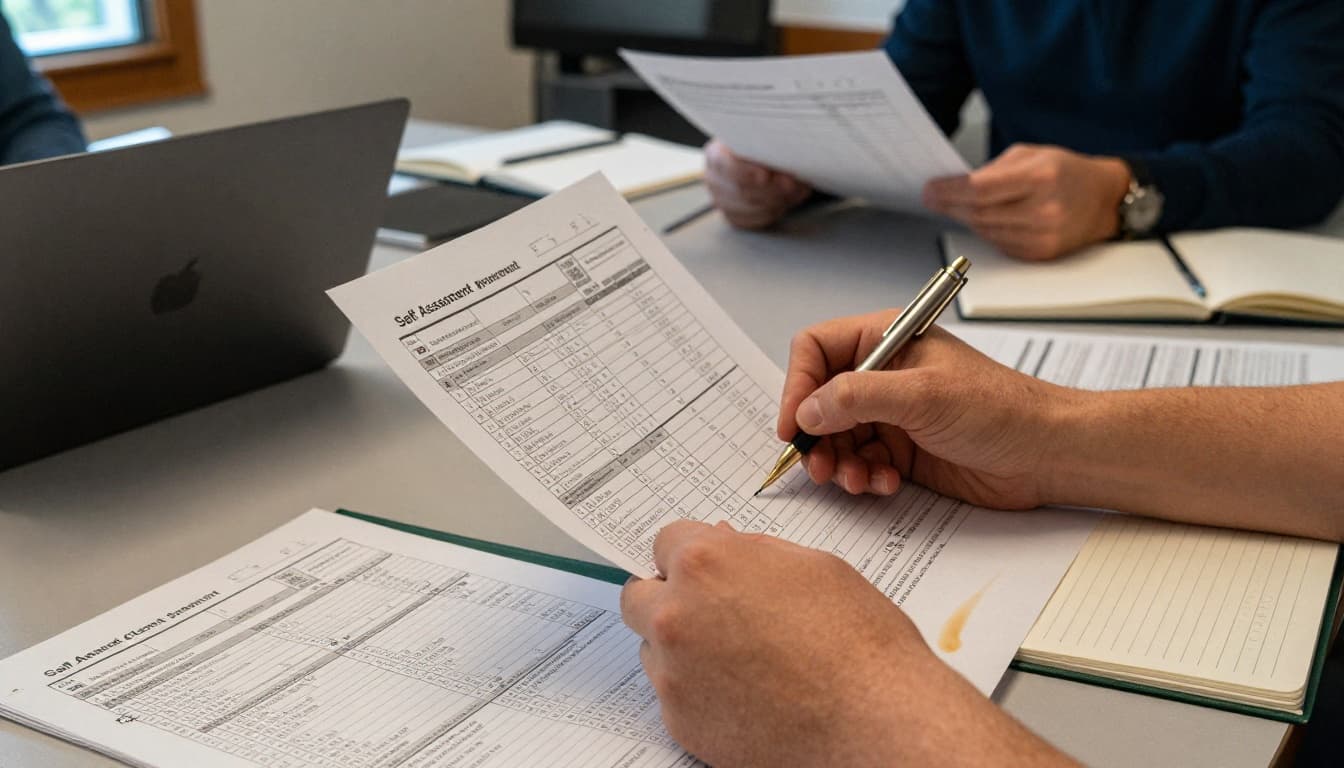 Over-the-shoulder view capturing hands silently scoring a printed self-assessment scorecard with pen marks from 1 to 5 during a focused moment in a modern conference room meeting.