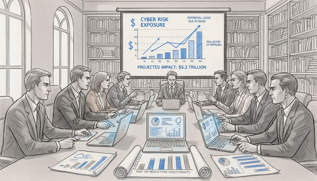 Board members reviewing cyber risk charts in dollars in a modern boardroom, sketch style