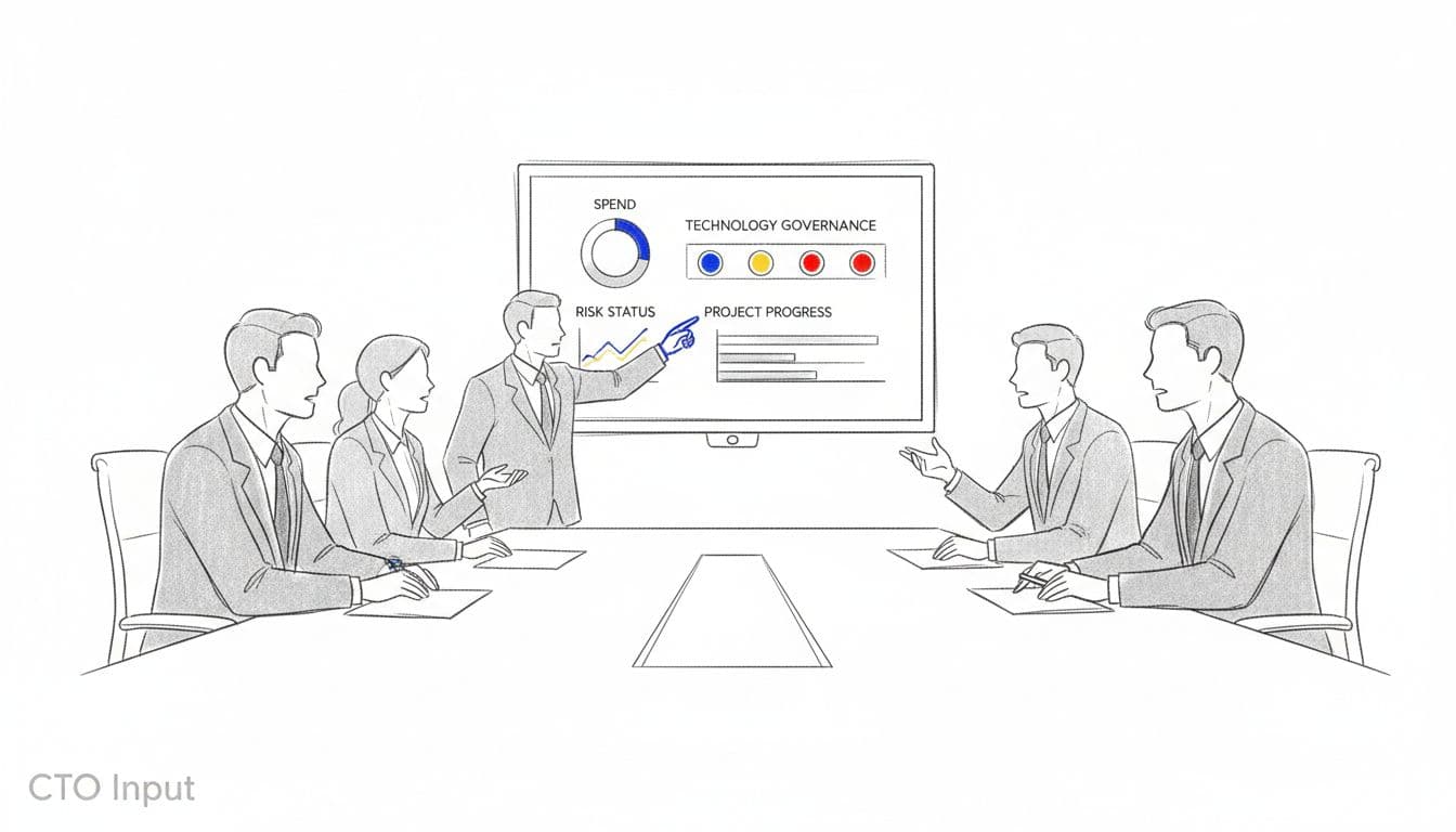 Illustration of a board reviewing a technology governance dashboard