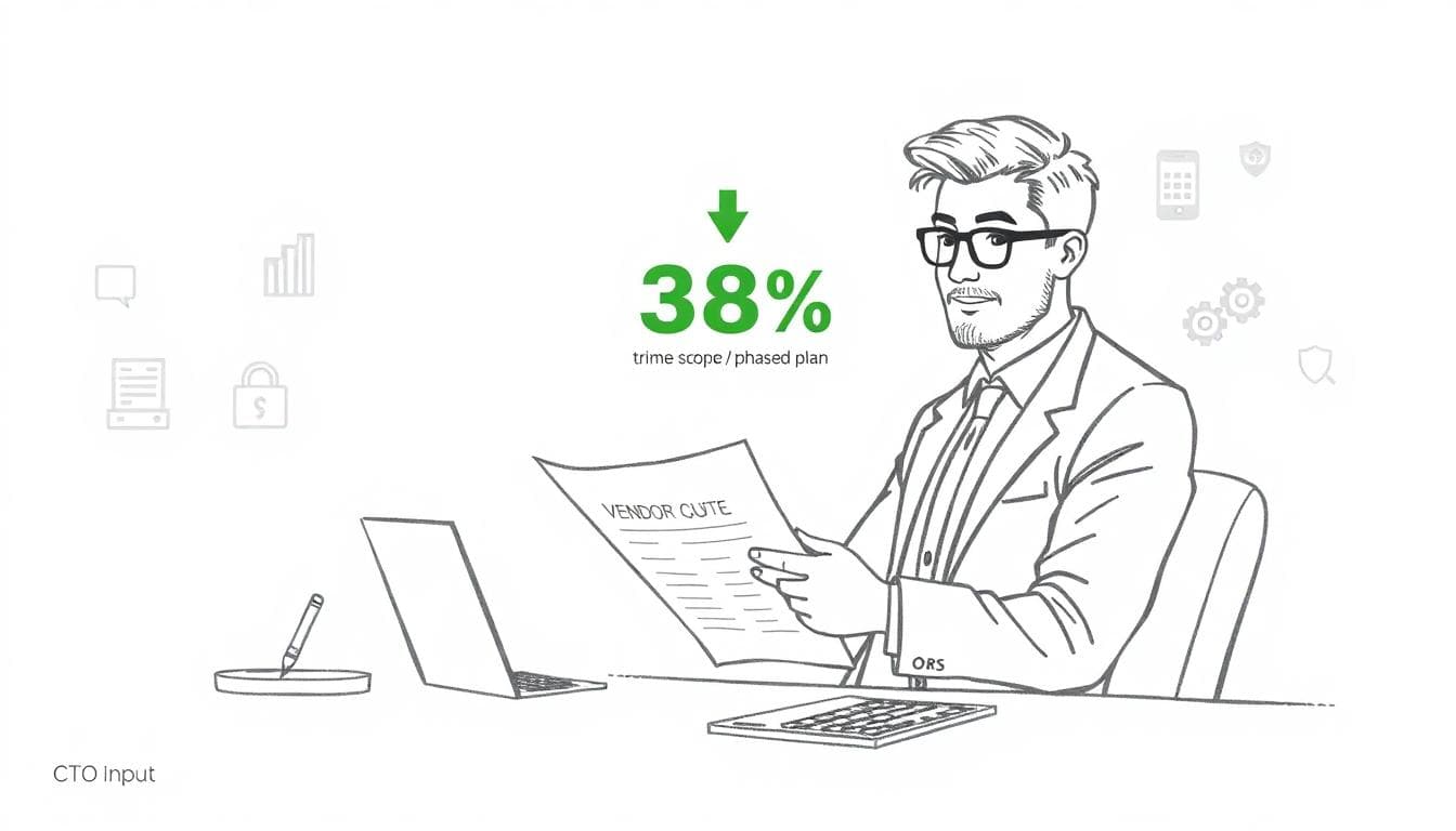 Executive reviewing financial charts and vendor quotes with downward arrow showing cost reduction