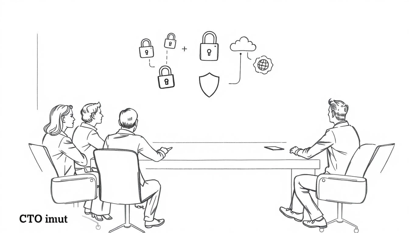 Business leaders discussing cybersecurity strategy sketch