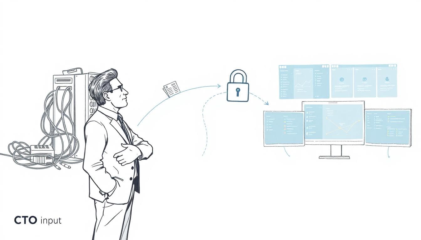 Illustration of a mid-market owner viewing a roadmap from chaotic tech to an organized handoff, with keys and digital icons symbolizing the transition.