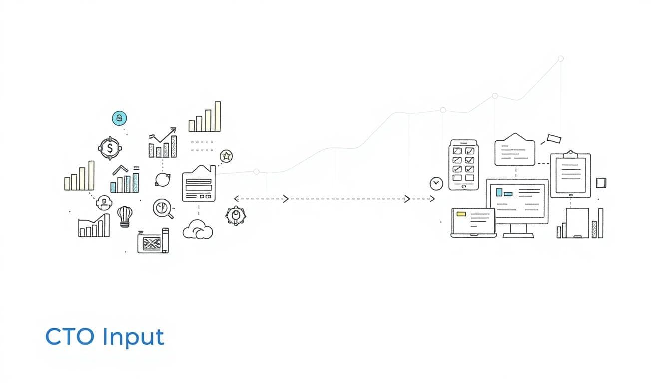 Minimalist illustration showing a path from business strategy icons to IT systems, aligned and connected