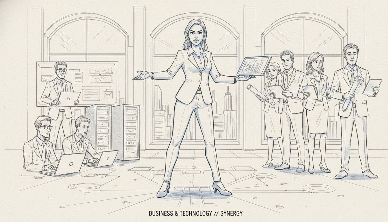 Sketch of a business technologist bridging executives and IT teams in a modern office