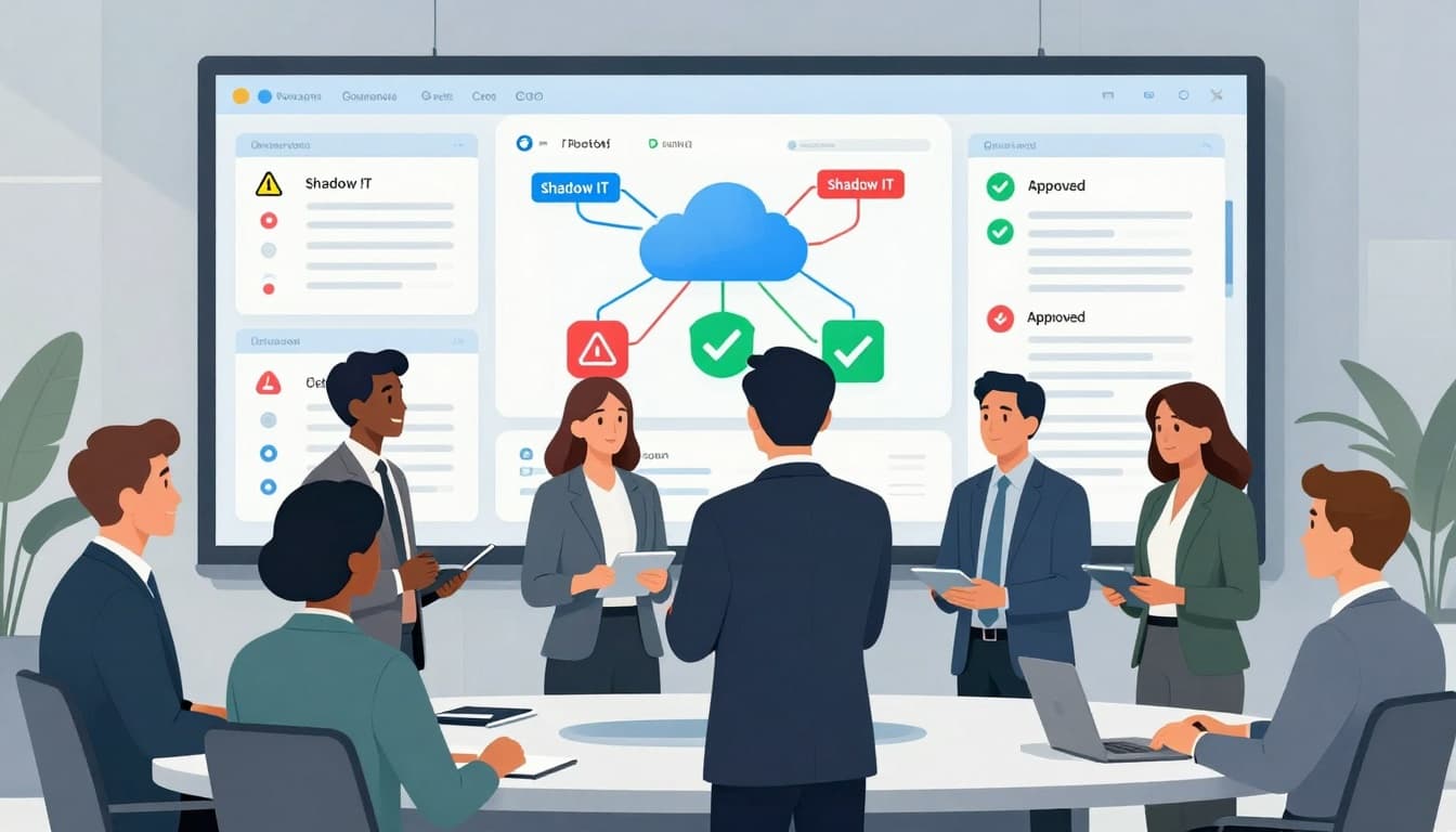 C-suite executives reviewing a digital dashboard of SaaS and shadow IT usage in a boardroom.