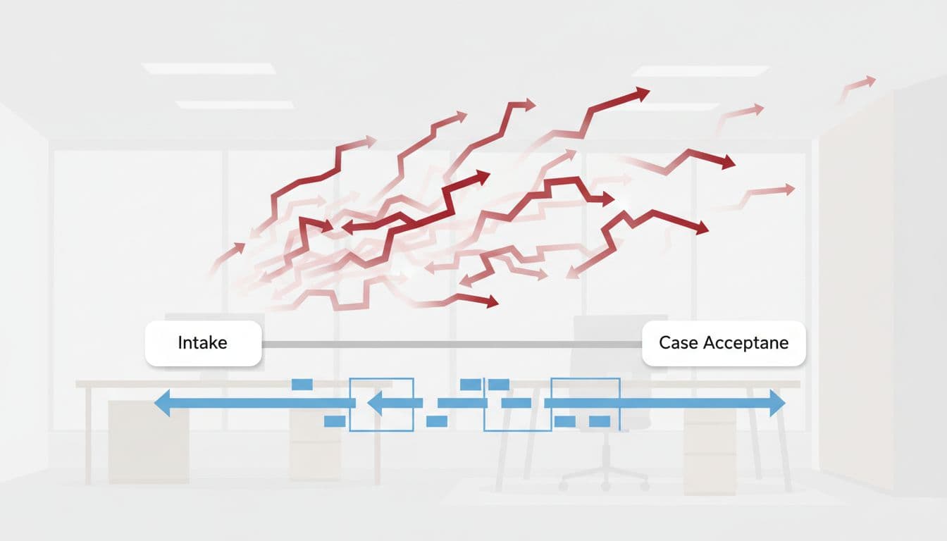Modern illustration contrasting chaotic workflow arrows drifting apart from intake to case acceptance with lost cases fading, against a straight aligned matrix path in minimalist office background with neutral tones and red drift accents.