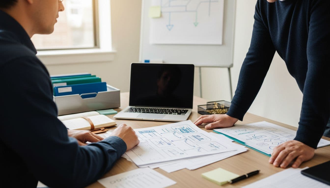 A caseworker and operations manager collaborate in a small office conference room, reviewing a structured OneNote case-note template on paper and mapping it to forms, letters, and reports while handling sensitive materials confidentially.