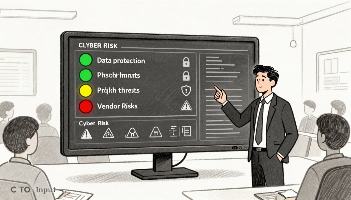 Minimalist sketch-style illustration of a CEO confidently gesturing toward a simple cyber risk dashboard on a large screen in a boardroom, featuring traffic-light indicators and security icons.