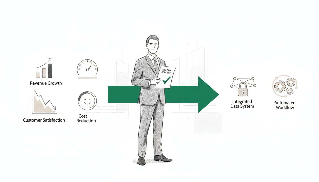 Confident CEO holding a one-page strategy document that connects business goals on one side to simple tech icons on the other. Image created with AI.