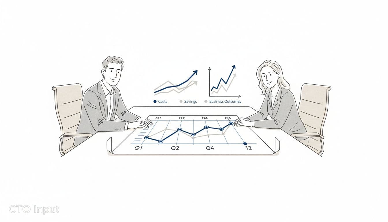 CEO and CFO reviewing a clear 12-month technology roadmap with charts of cost, savings, and business outcomes on a conference table. Minimalist editorial illustration. Image created with AI.