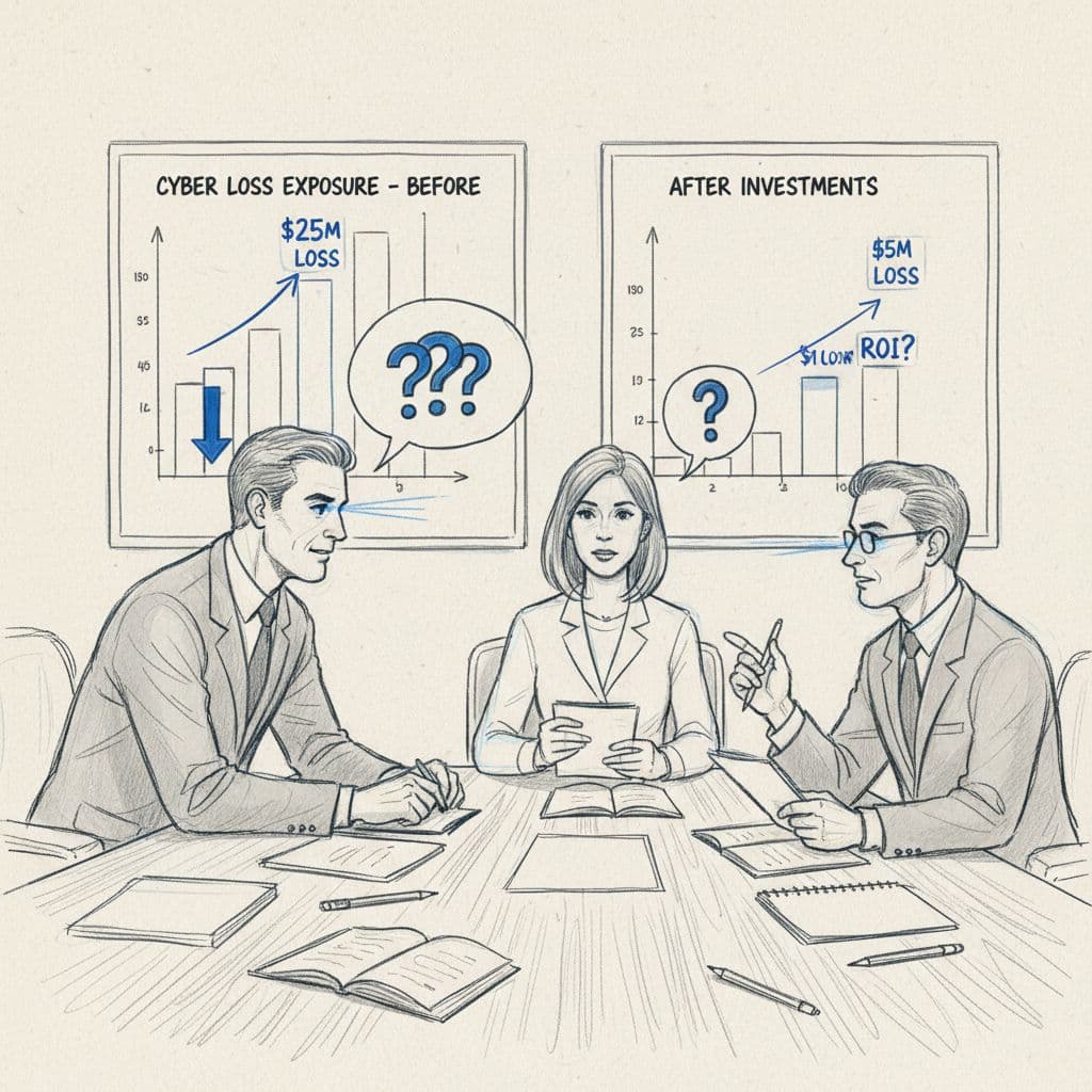 CEO, CISO, and CFO in a meeting reviewing cyber loss numbers and asking questions, sketch style