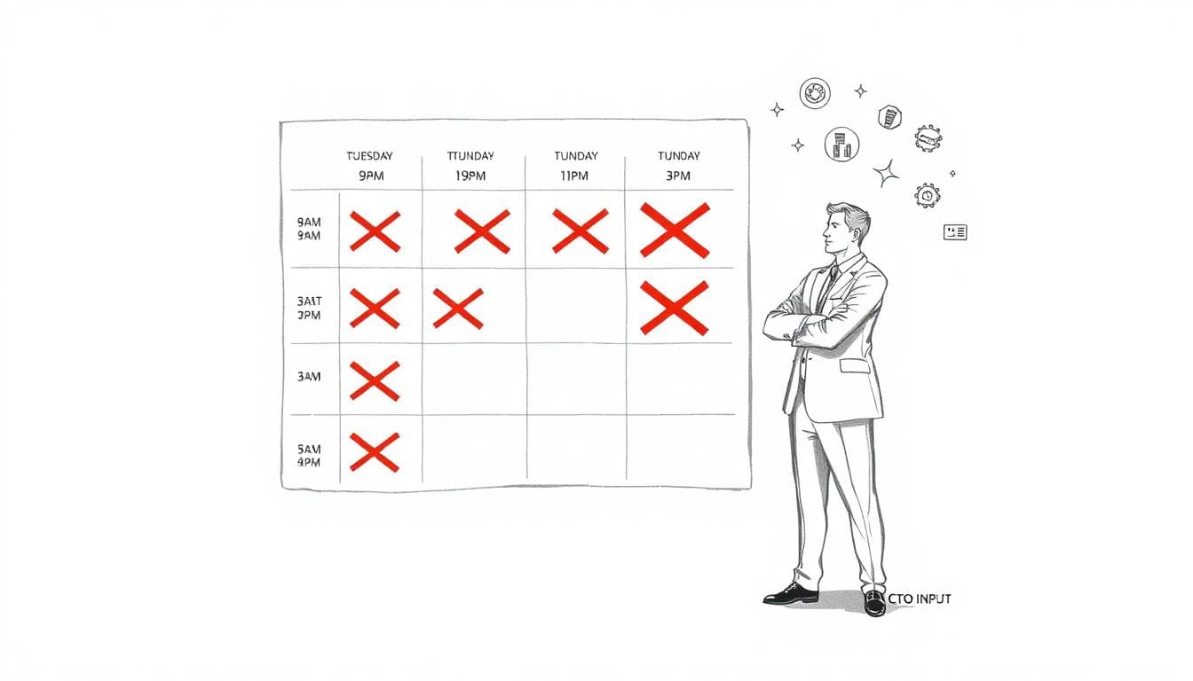 Minimalist illustration of a CEO crossing out low-value meetings on an overbooked weekly calendar, turning toward icons of strategy, customers, and technology focus.