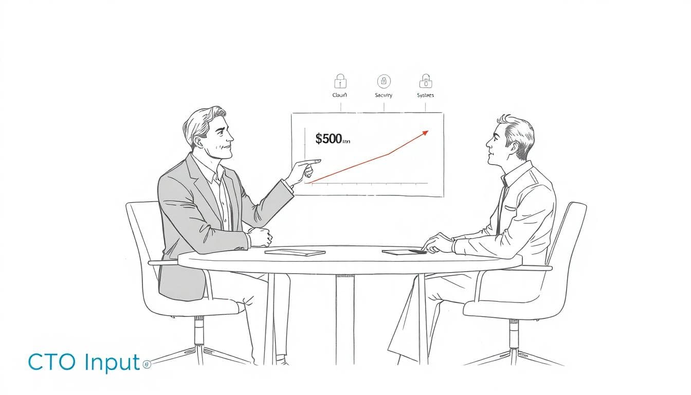 CEO and technology leader reviewing a growth roadmap in a modern office