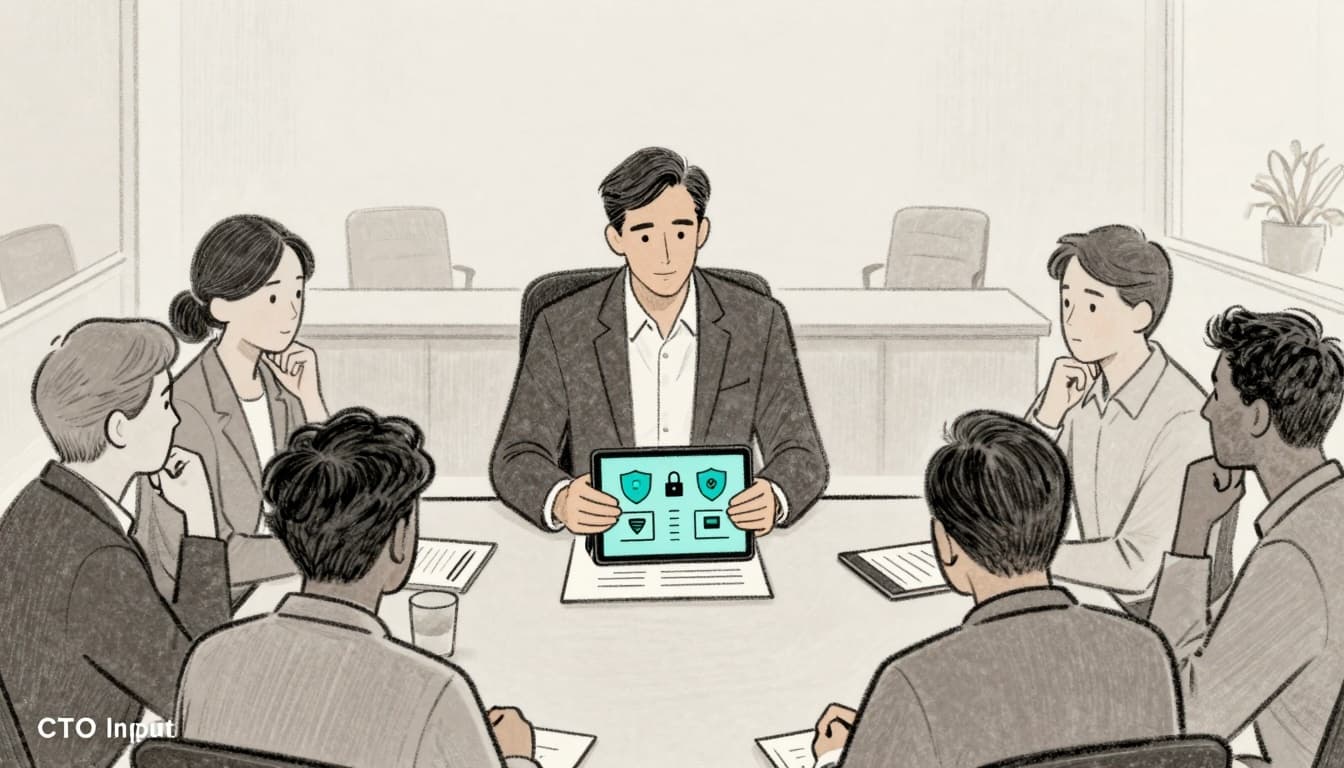 Minimalist editorial illustration of a confident CEO at a boardroom table reviewing a simple cyber risk briefing with clear icons, while board members nod in understanding.