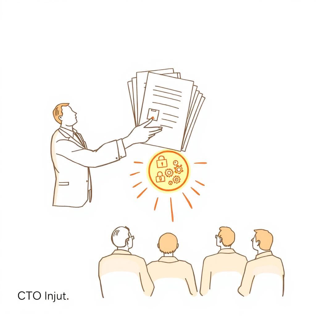 Minimalist illustration of a CEO handing off stacks of tech documents to a team while keeping a glowing core of three icons. Image created with AI.