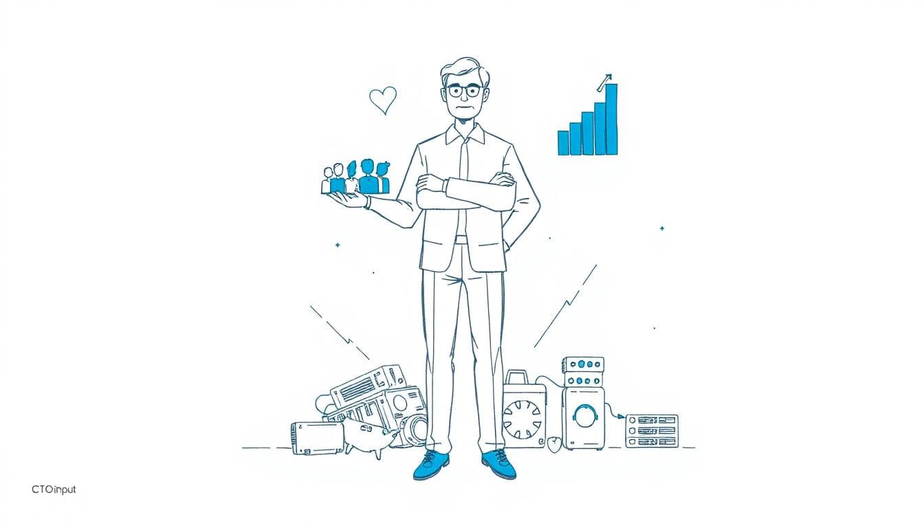 Minimalist illustration of a CEO holding icons for culture, people, and numbers while tech clutter fades into the background. Image created with AI.