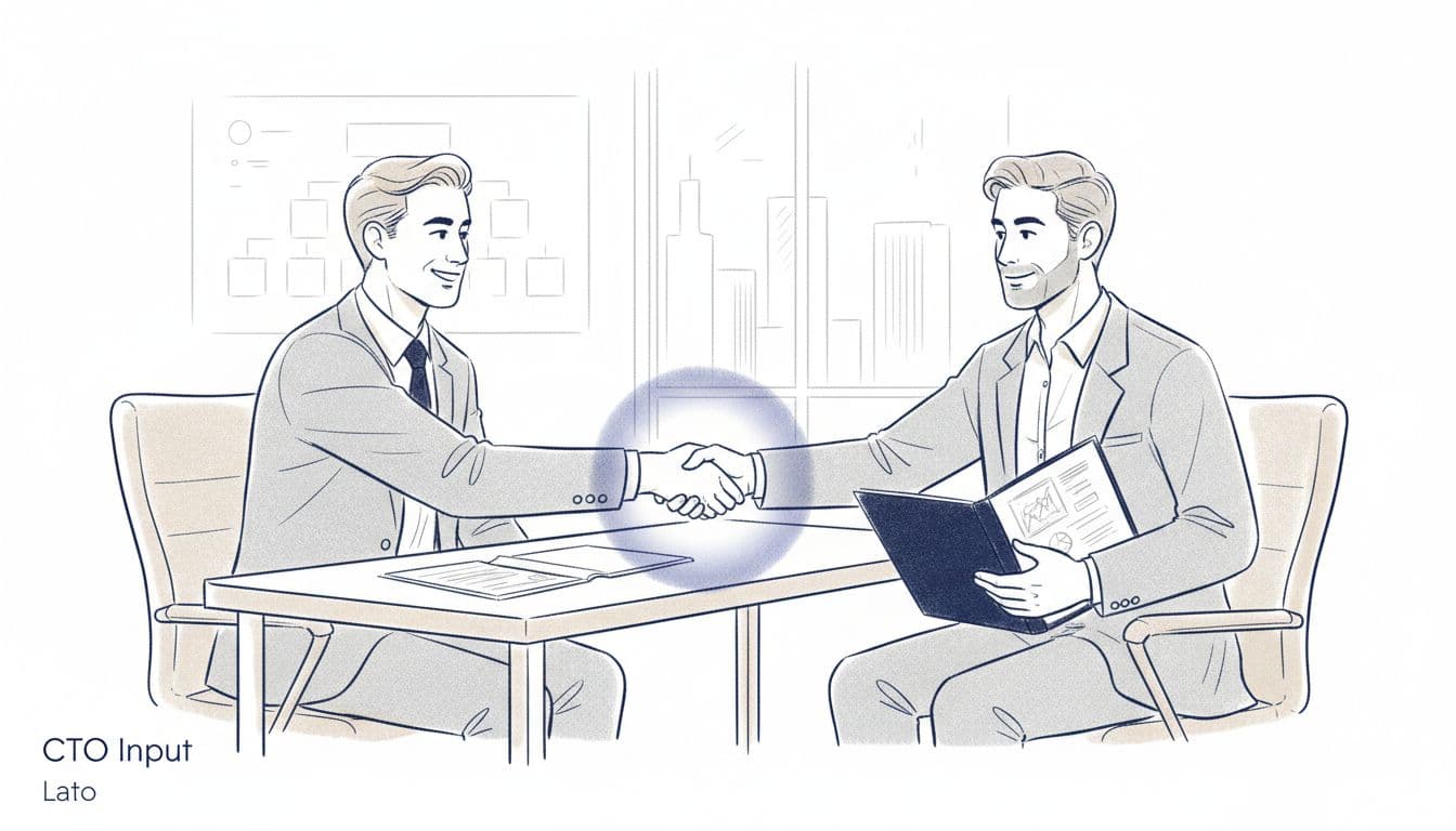 CEO shaking hands with a fractional CTO at a desk, starting a new engagement