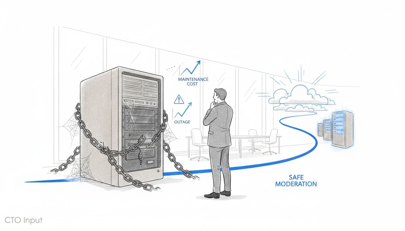 CEO facing an old mainframe system while viewing a path toward modern cloud infrastructure
