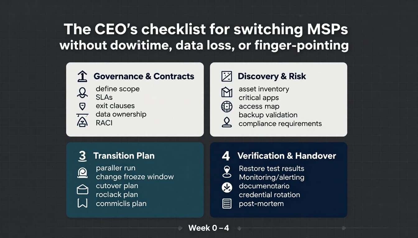 Clean, modern B2B infographic presenting a one-page checklist for CEOs switching Managed Service Providers (MSPs) without downtime, data loss, or issues. Divided into four sections: Governance & Contracts, Discovery & Risk, Transition Plan, and Verification & Handover, with simple icons, minimal color palette, and a bottom timeline.