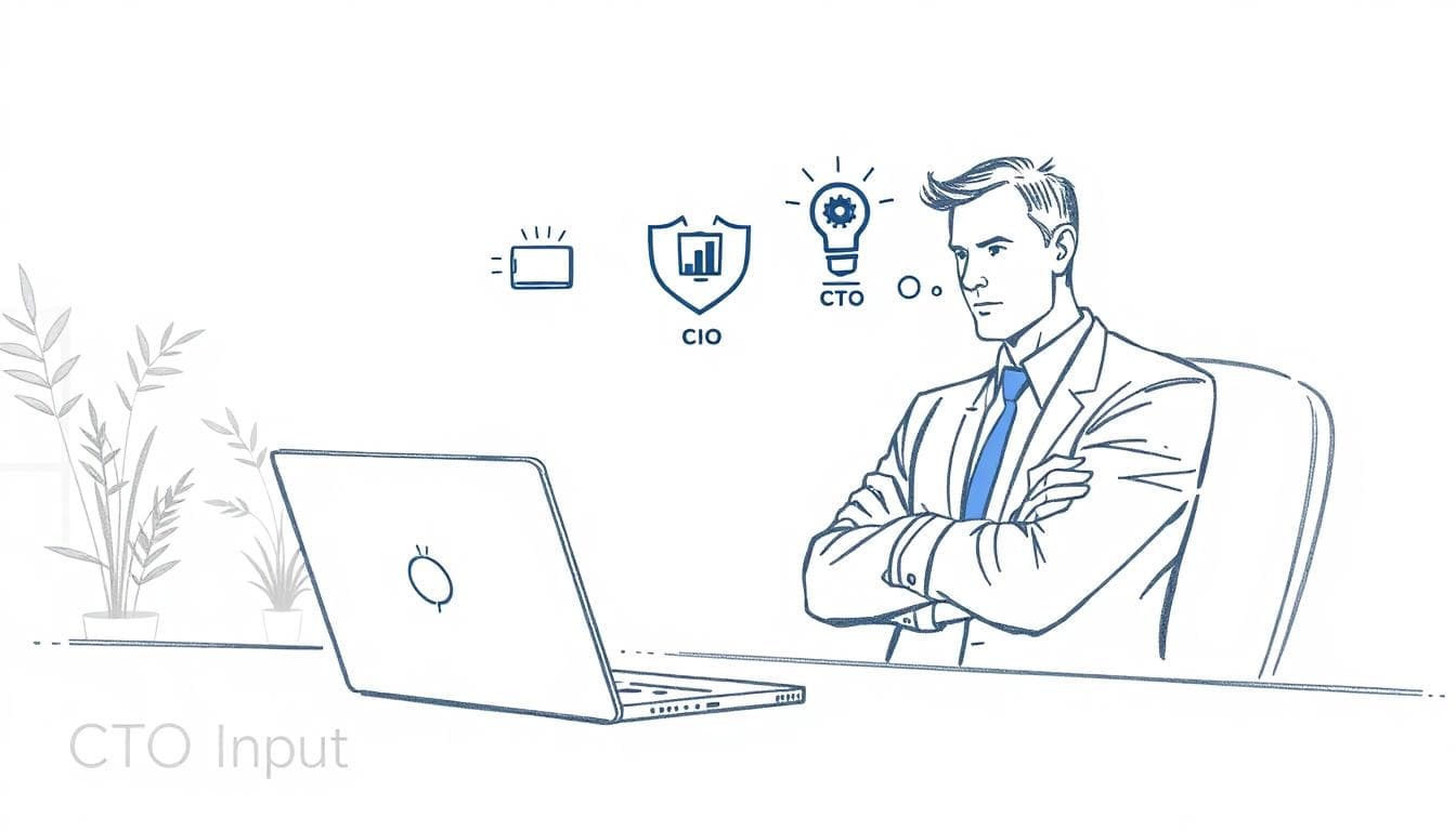 Minimalist illustration of a CEO at a desk looking at icons for CTO, CIO, and IT manager on a laptop screen, appearing to weigh options. Image created with AI.