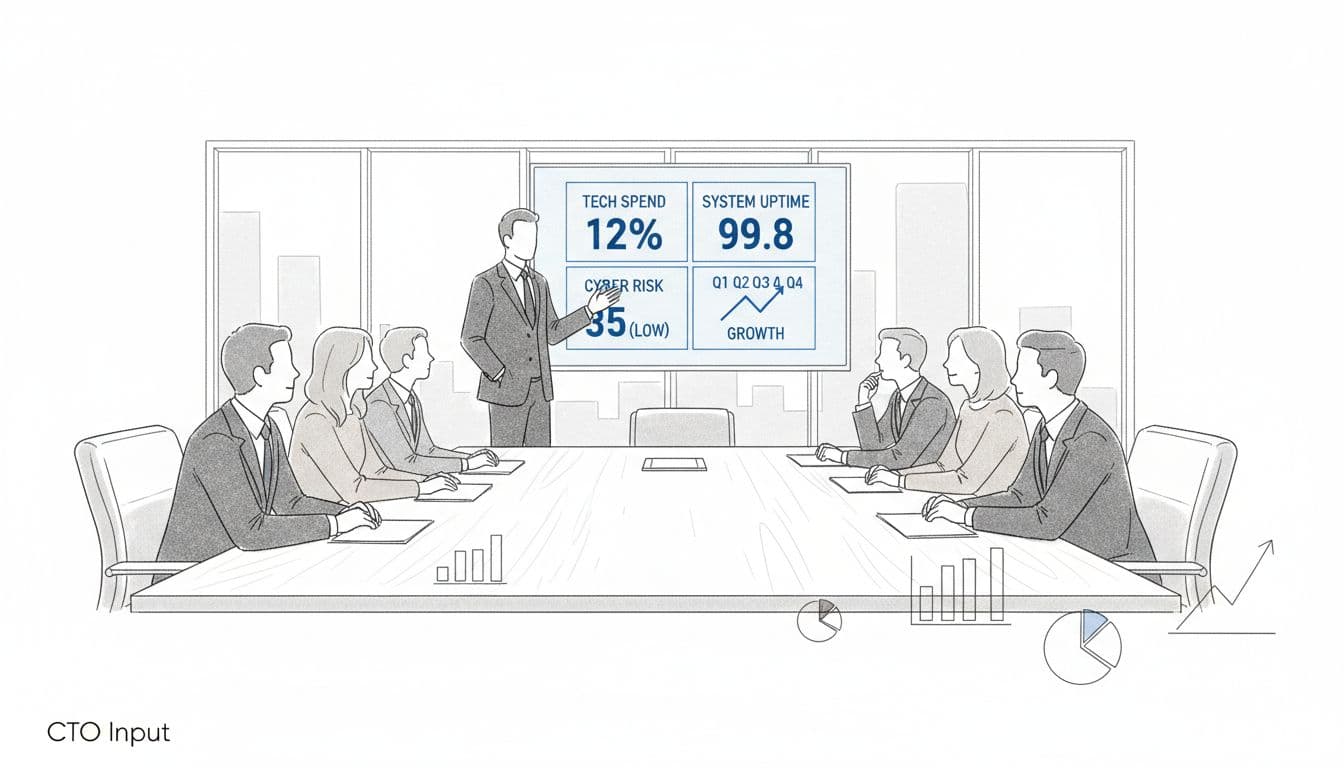 CEO presenting a simple technology dashboard to an engaged board in a modern boardroom, minimalist sketch style