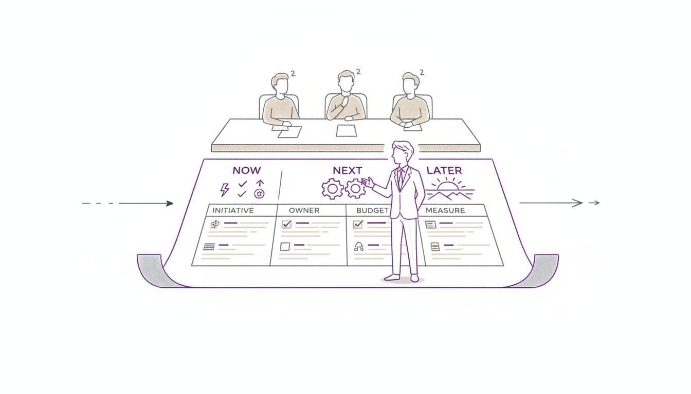 CEO presenting a three-part Now, Next, Later roadmap timeline to a board table, with clear columns for initiatives and owners. Image created with AI.