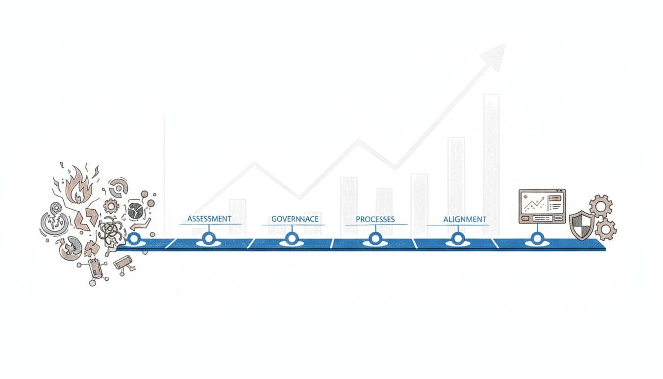 Roadmap illustration showing a path from tech chaos to stability with clear steps, created with AI