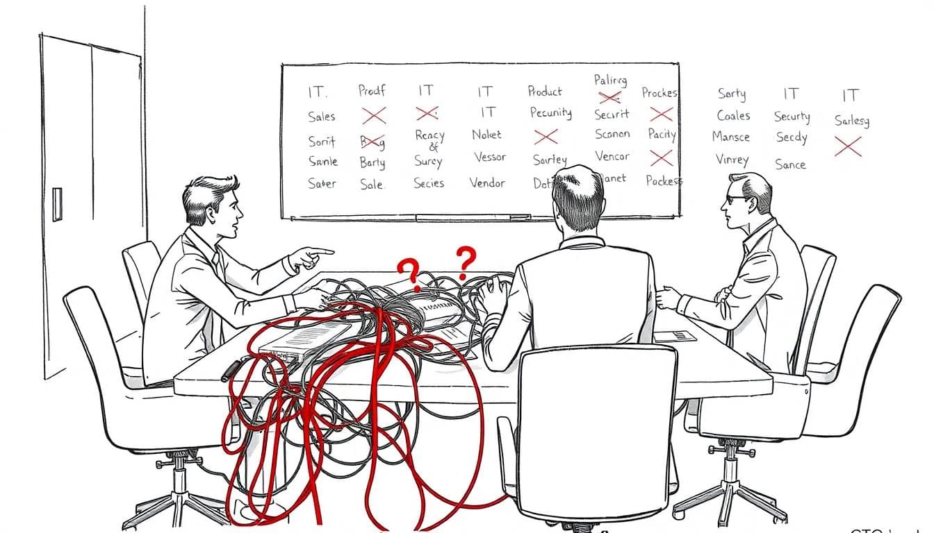 Executives in a tense meeting, tangled cables on the table symbolizing unclear ownership across IT, product, security, and vendors