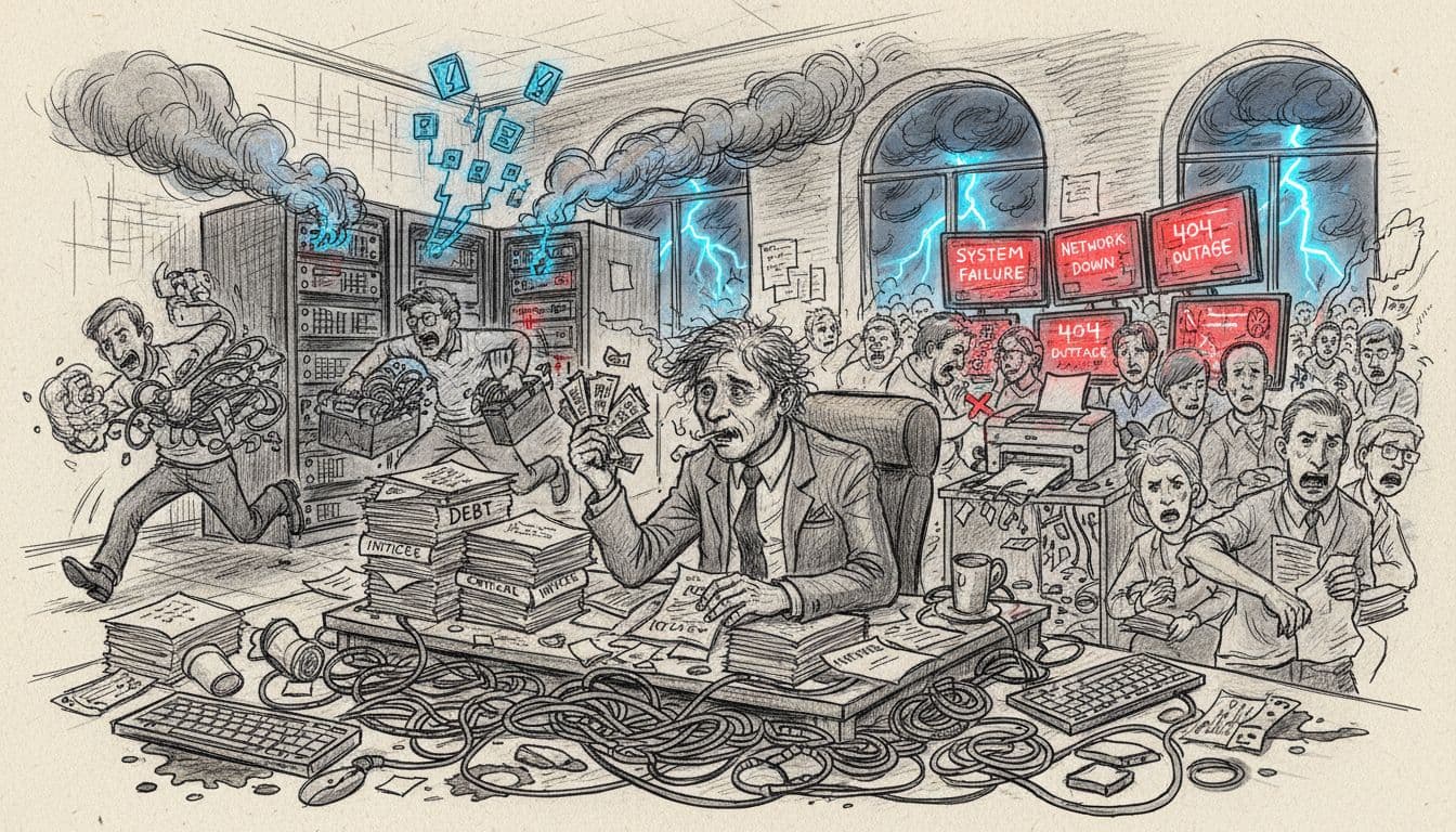Sketch of a chaotic office with stressed CEO, overheating servers, and IT staff rushing to fix outages. Image created with AI.