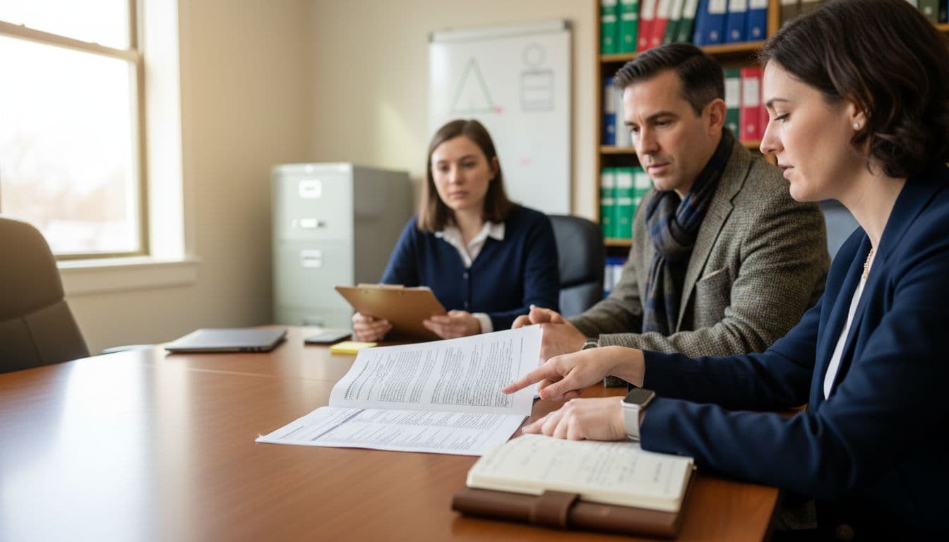 A chief information security officer and executive director seated at a conference table in a legal aid office, reviewing a printed security risk assessment document and notebook, with a staff member observing, focusing on protecting client data.