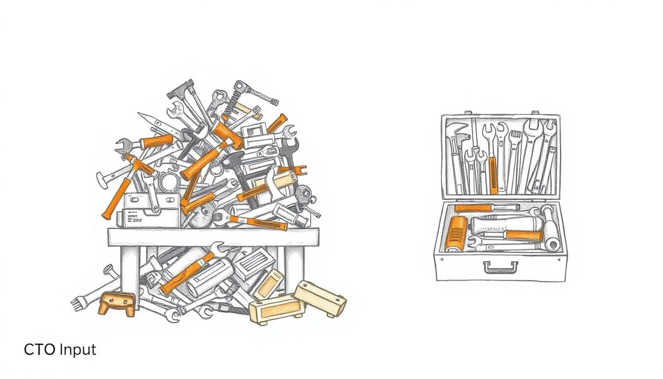 Editorial illustration of a cluttered workbench overflowing with tools on the left and a neat, organized toolbox on the right, symbolizing tool sprawl versus disciplined governance. Minimalist sketch style with neutral tones and a bold orange accent.