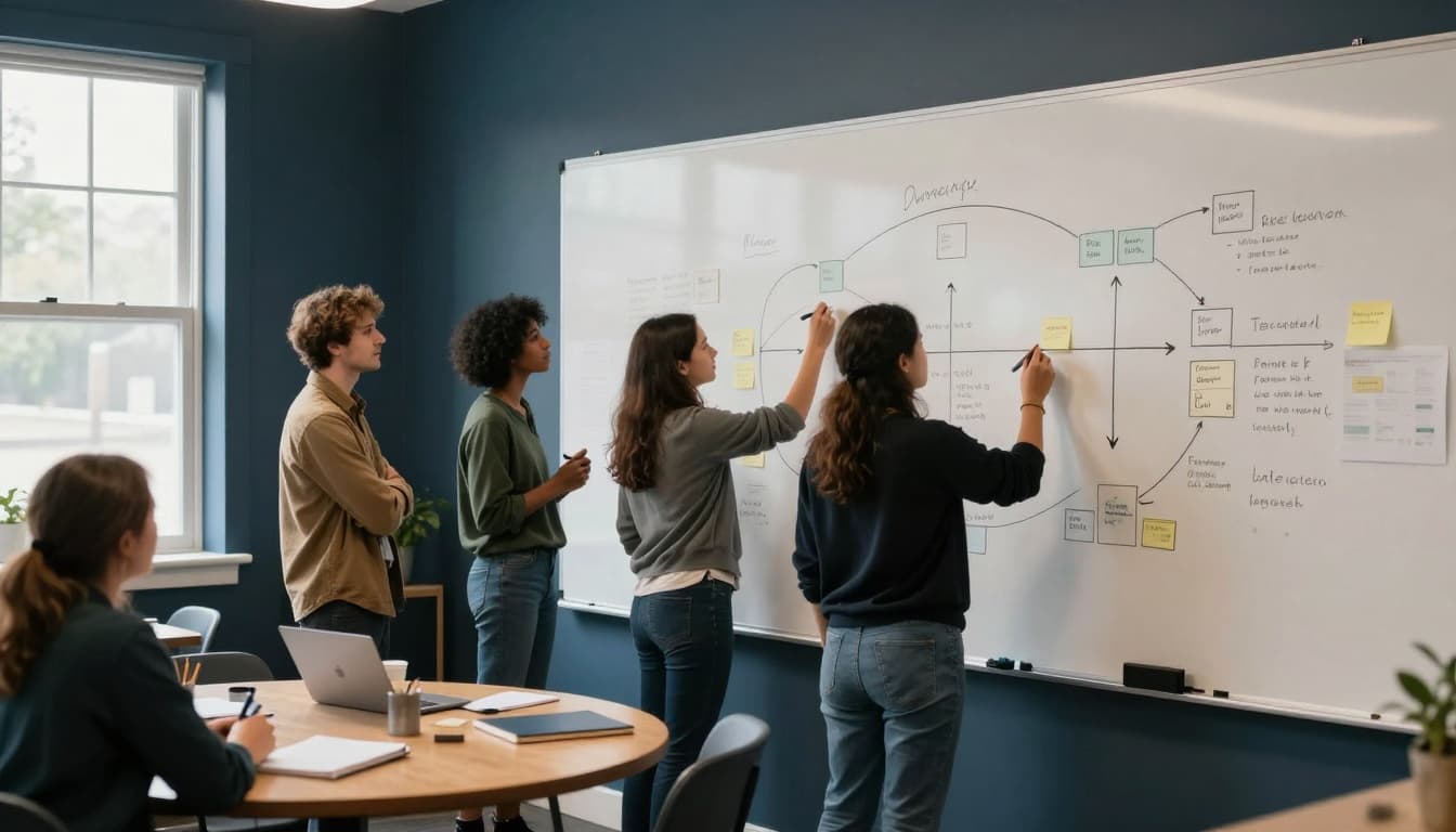 A small group collaborates in a sunlit community workspace, mapping the client intake-to-outcome journey on a large whiteboard with simple diagrams, markers, and sticky notes, evoking calm focus and modern New England innovation.