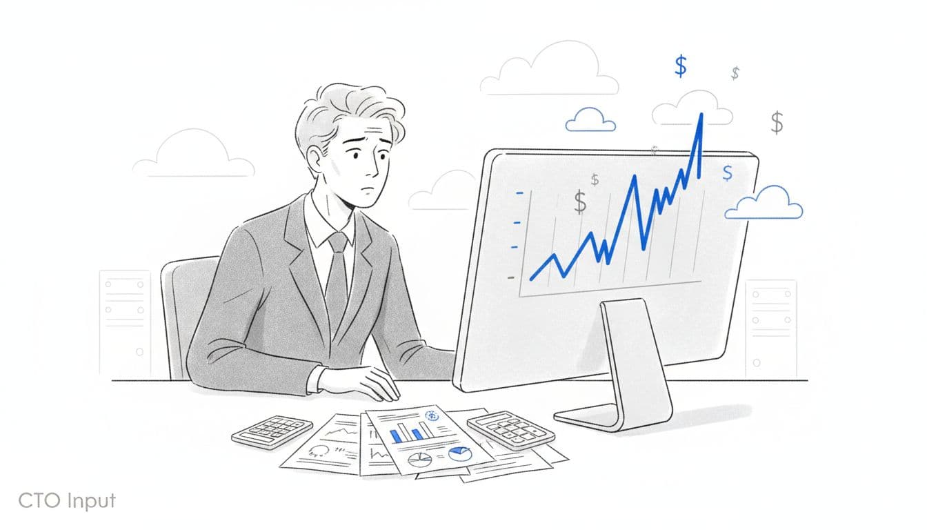Illustration of a concerned CEO looking at a screen with a sharply rising cloud cost graph, surrounded by bills and cloud icons.