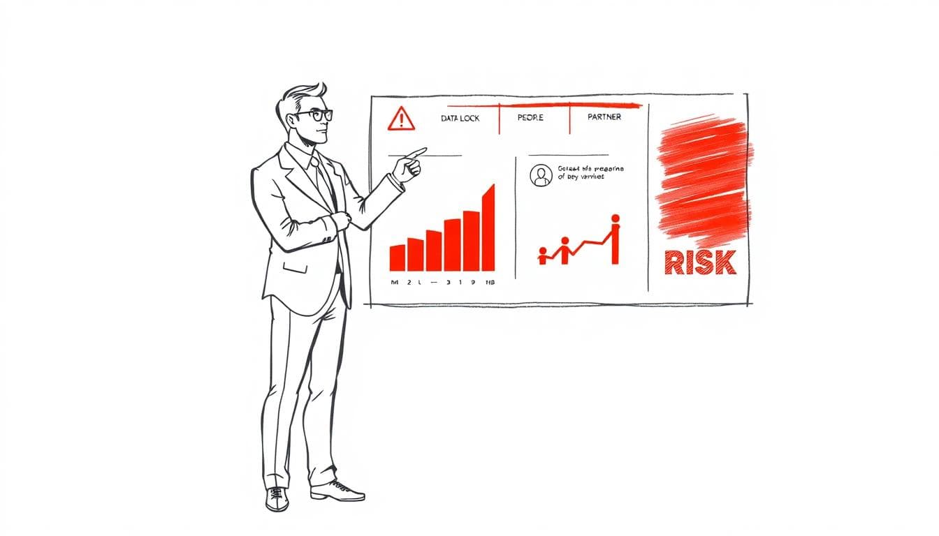 Confident CEO reviewing a simple cyber risk dashboard, minimalist line art