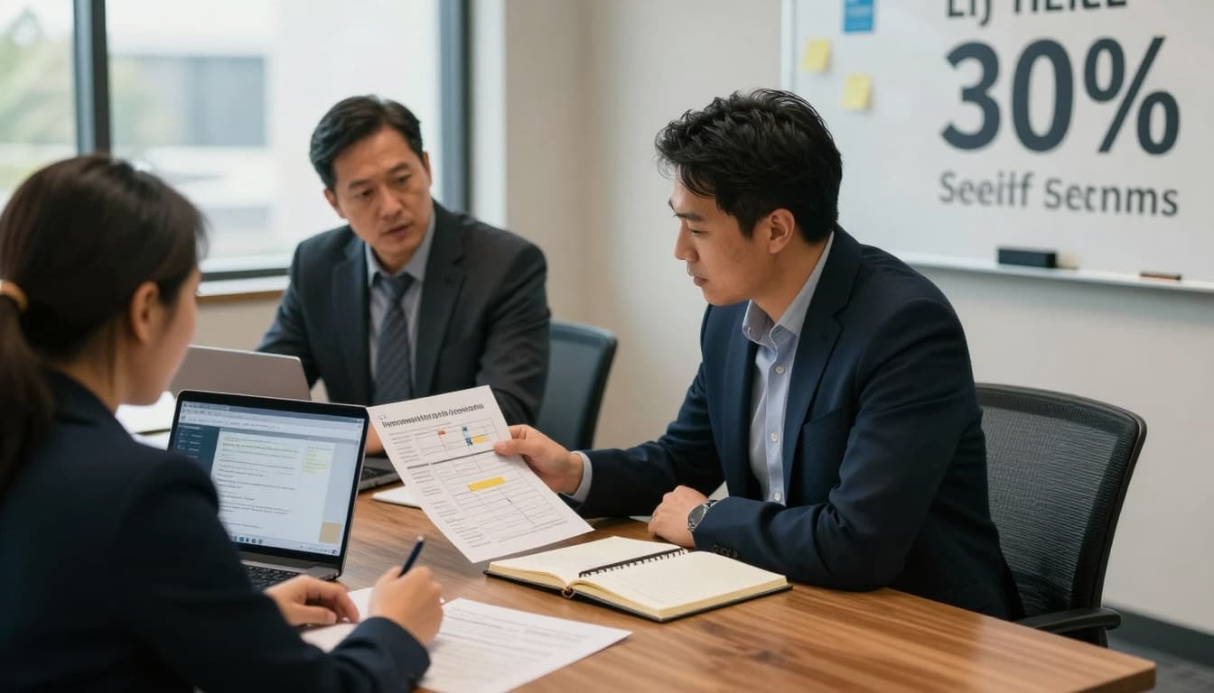 Over-the-shoulder view of an executive director and operations manager reviewing workflow diagrams, laptops, and notebooks in a modern conference room, discussing intake processes and system uptime for self-help centers.