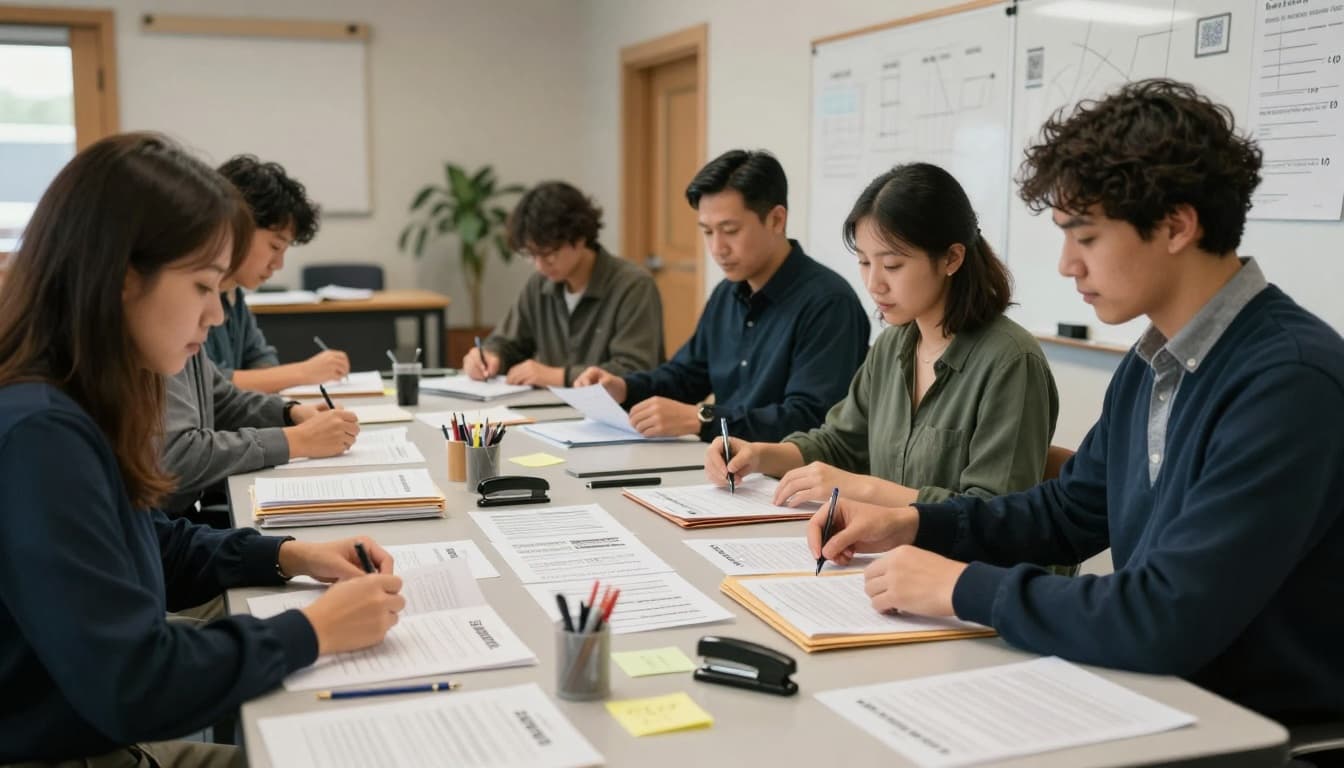 Staff at a court self-help program in a natural wood community workspace sort client documents into public, confidential, and sensitive categories on a large table, fostering a calm and focused atmosphere.