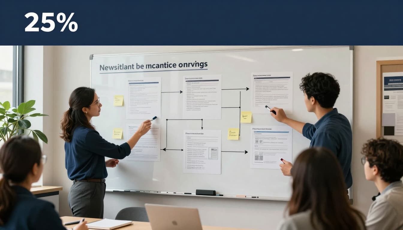 A small team including consultants and court staff collaboratively map client intake, triage, scheduling, and referral workflows on a large whiteboard, identifying bottlenecks and improvements in a bright community workspace.