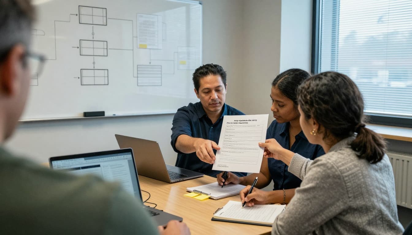 A cross-functional service team, including intake specialist, case manager, and supervisor, conducts a warm handoff by reviewing a one-page intake summary in a small office, emphasizing efficient collaboration.