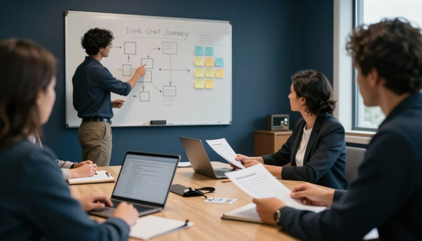 Cross-functional team mapping an end-to-end client journey in a conference room