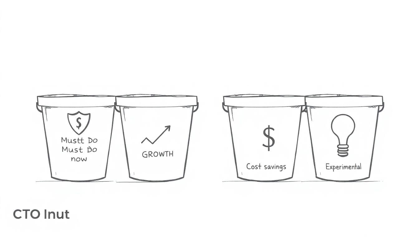 Minimalist sketch of four labeled buckets representing security, growth, cost savings, and experiments. Image created with AI.