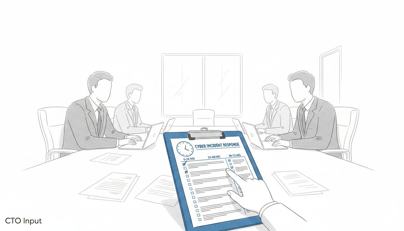 Minimalist illustration of executives reviewing a cyber incident checklist in a conference room, with a highlighted 72-hour timeline. Image created with AI.