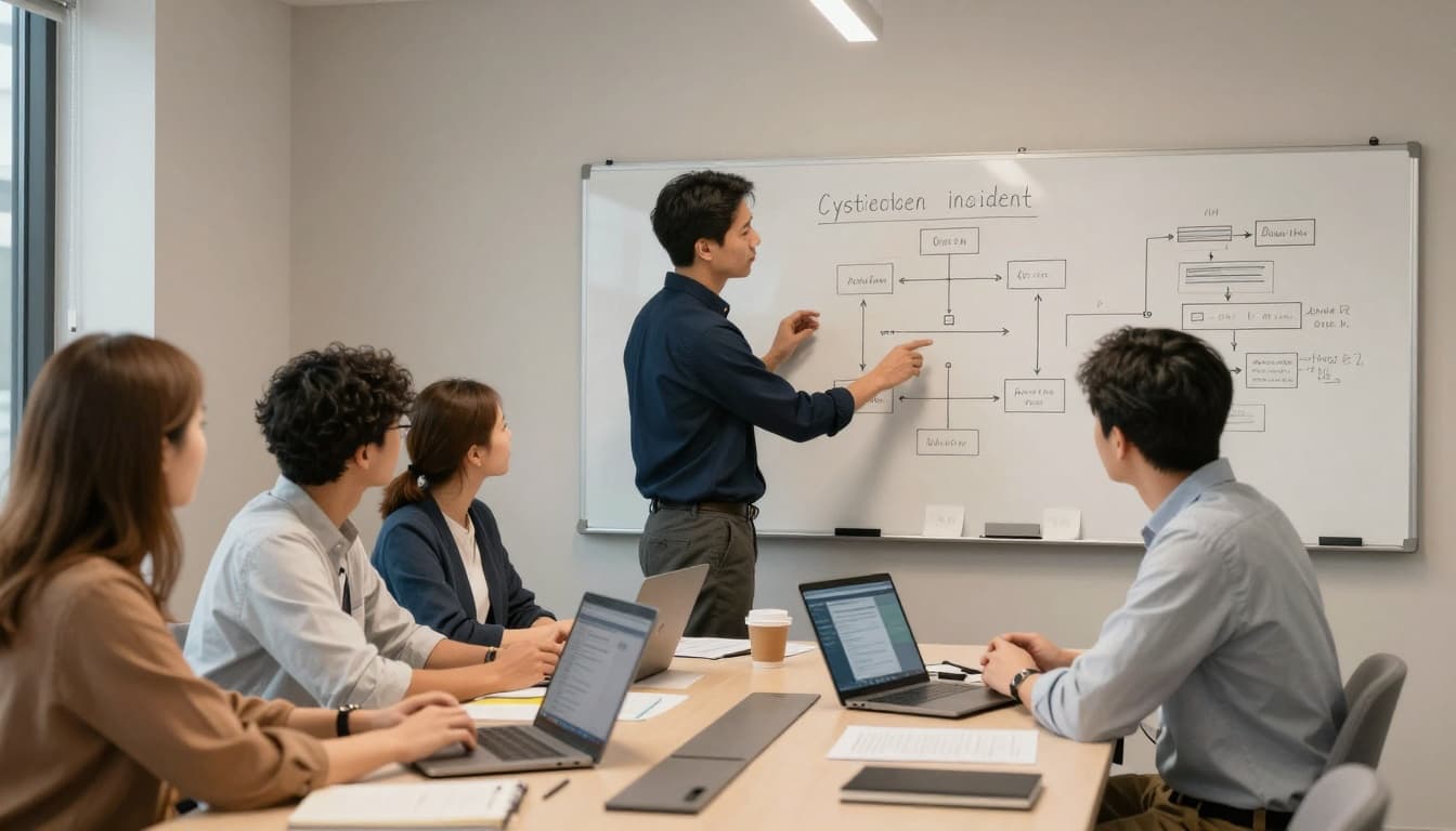 Executives and IT leads meeting to decide containment steps around a whiteboard.