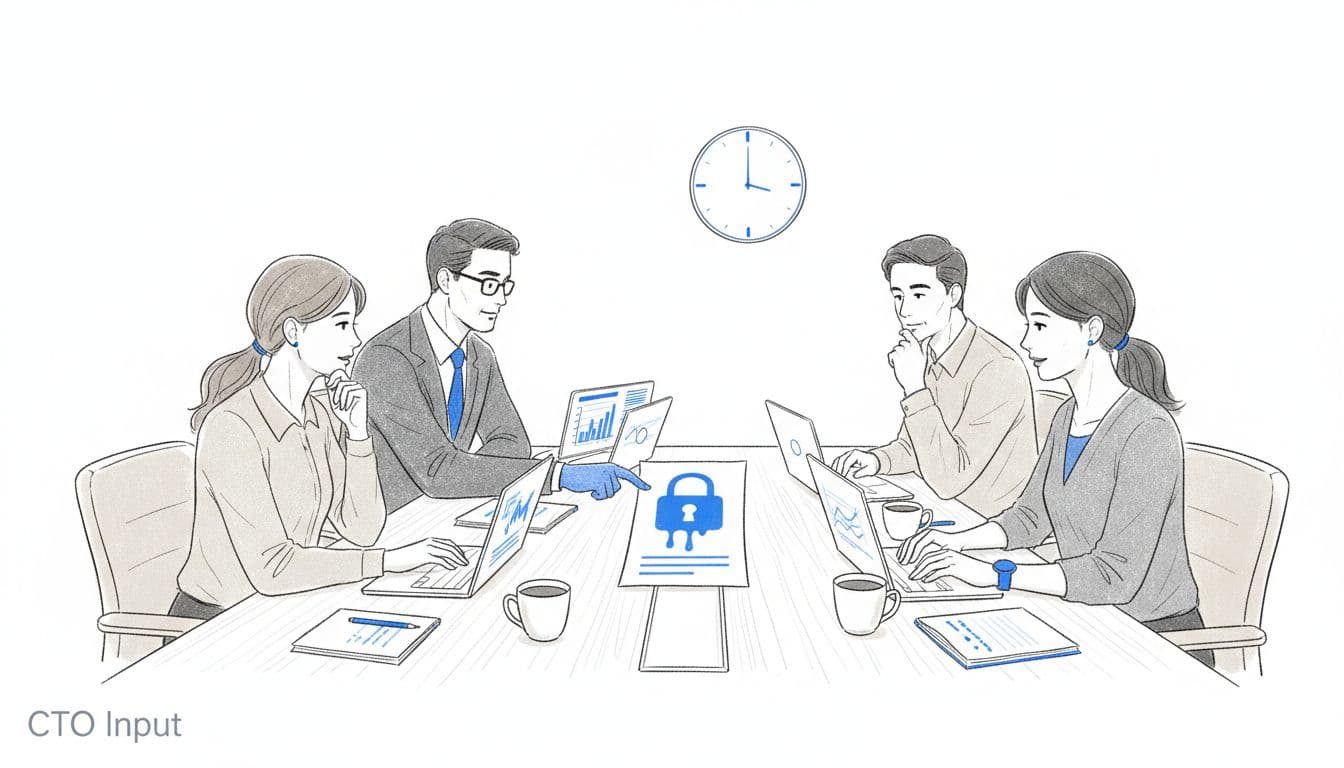 Executives around a table working through a cyber resilience tabletop exercise scenario. Laptops, scenario cards, and coffee cups are on the table.