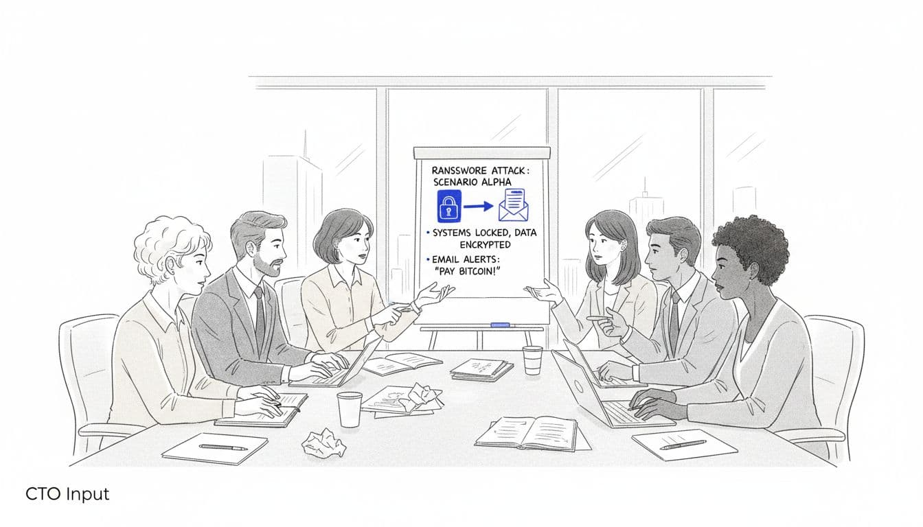 Executives around a table participating in a cyber resilience tabletop exercise, discussing a ransomware scenario on a flipchart. Minimalist editorial illustration in pencil style.