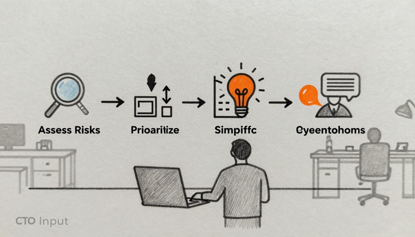 Minimalist editorial illustration in sketch-style line art depicting the sequential flow of preparing a cyber risk briefing: assess risks with magnifying glass, prioritize with sorting arrows, simplify visuals from lightbulb to chart, and present to board with speech bubble. A central advisor figure guides the process amid faint office desk background.