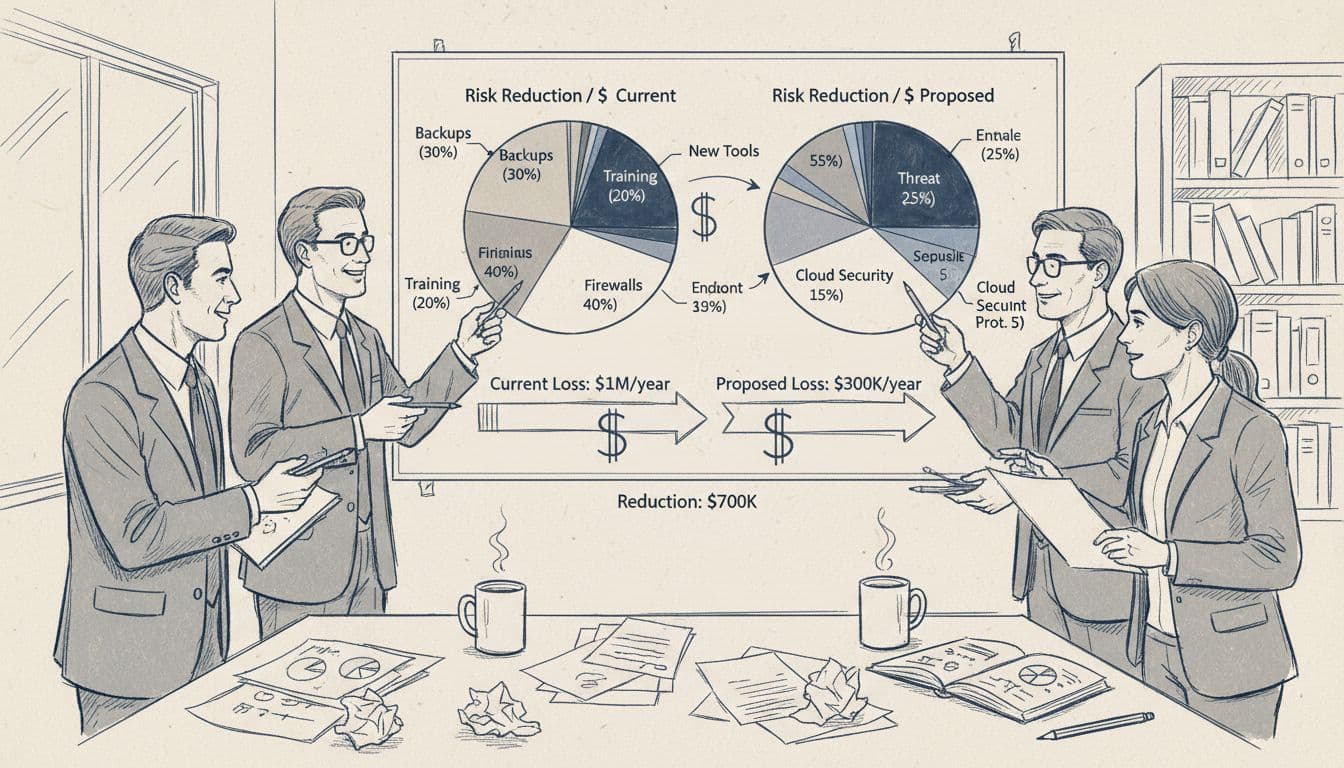 Executives comparing cyber security investment options on a whiteboard, sketch style